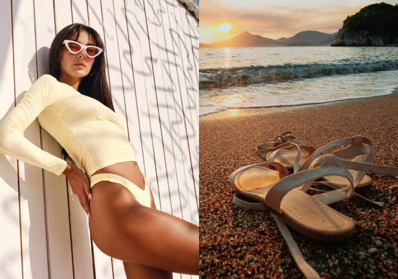 colagem de foto 1. mulher linda com beachwear e óculos de sol coloridos sobre fundo de madeira na praia 2. Sandálias femininas na areia contra o pano de fundo do sol poente