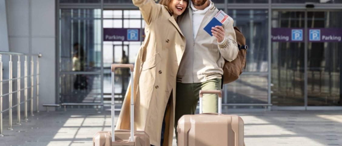 casal feliz em frente ao aeroporto com malas e passaporte