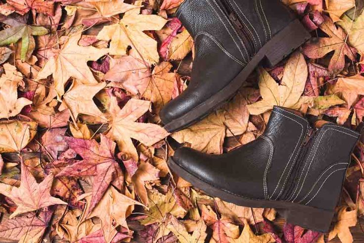 Botas de couro sobre folhas secas de outono.
