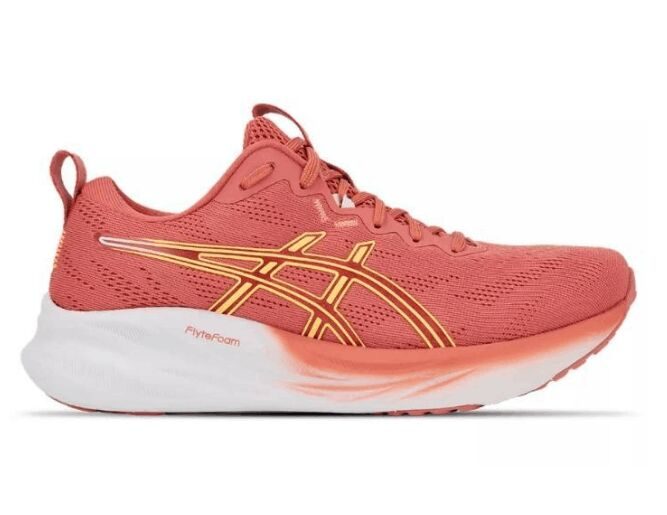 Tênis de corrida ASICS rosa e laranja lateral