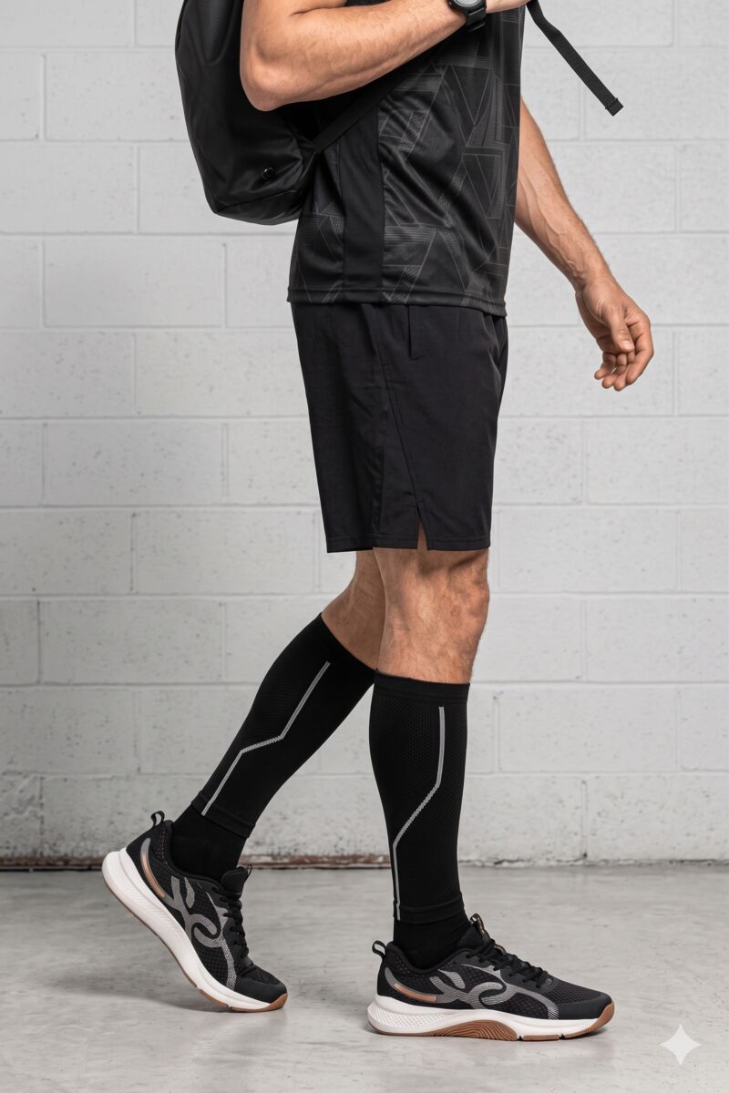 Homem caminhando. Ele usa short e camiseta soltinhos preto e um tênis.