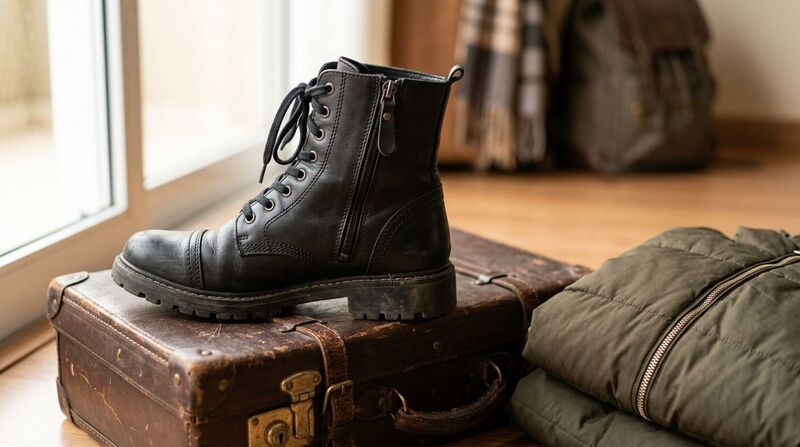 Botas de couro preto ao lado de mala e jaqueta