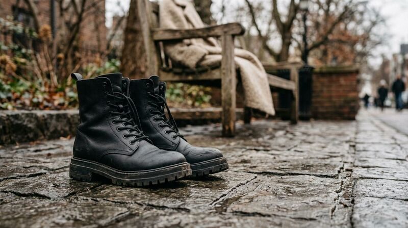 Botas pretas em calçada de pedra