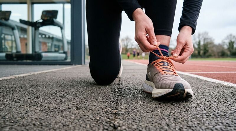 Pessoa amarrando o cadarço do tênis de corrida