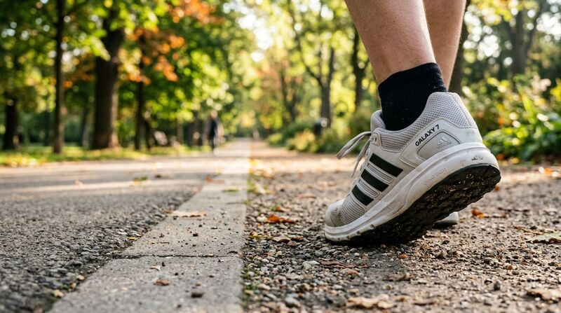Tênis Adidas em caminhada em parque tranquilo