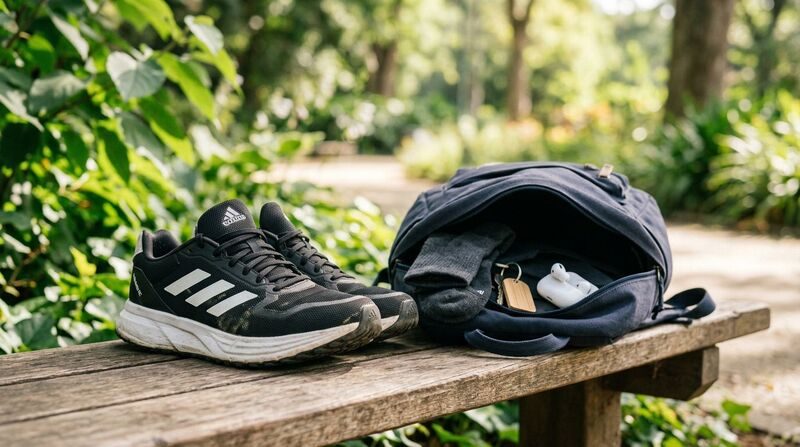 Tênis Adidas e mochila em ambiente natural
