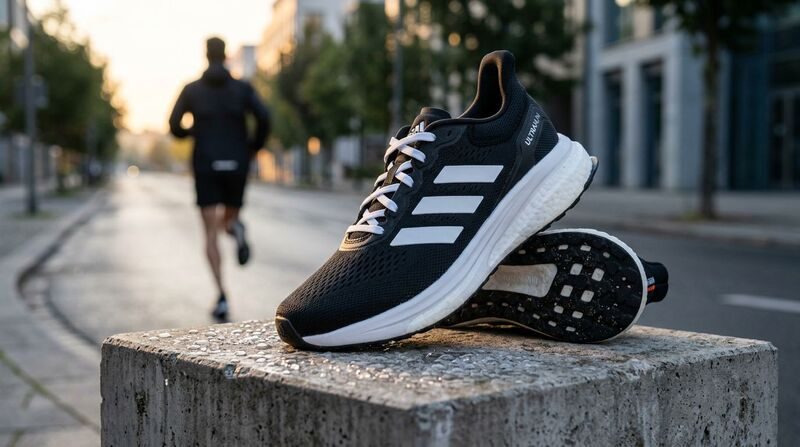 Tênis adidas preto em destaque com corredor ao fundo