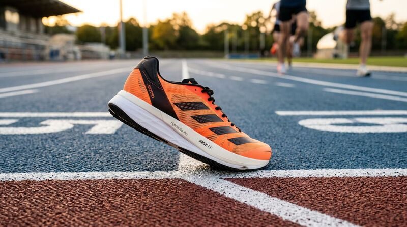 Tênis de corrida laranja em pista atlética ao pôr do sol