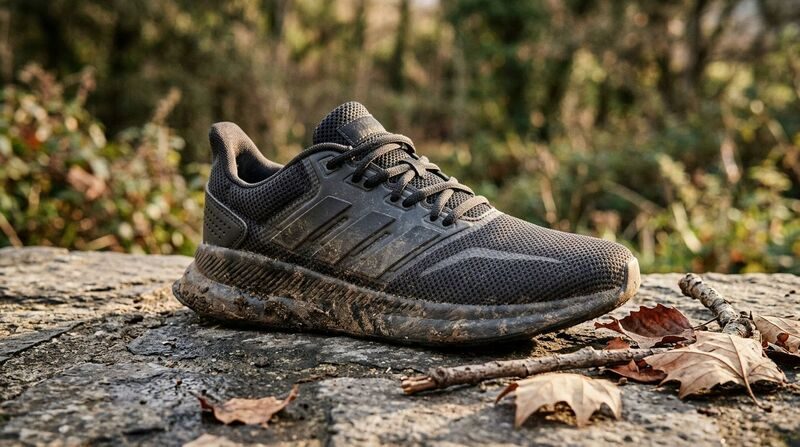 Tênis esportivo preto sujo em ambiente natural