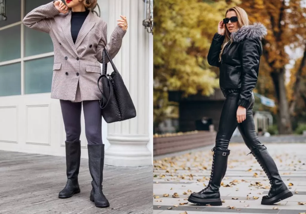colagem de imagens de mulher estilosa com legging preta e bota montaria 