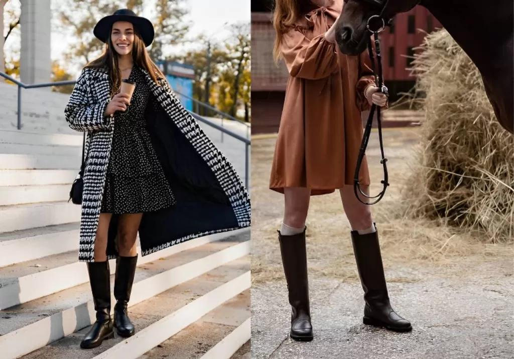 colagem de imagem de mulher com bota montaria com look vestidos