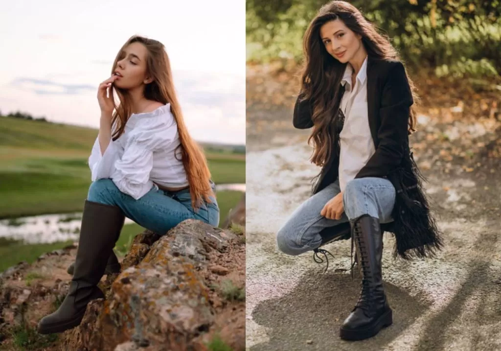 colagem de imagem de mulher estilosa com bota montaria e jeans