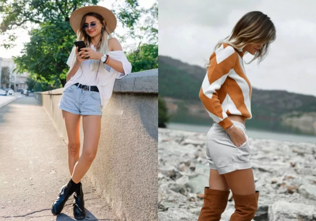 mulheres com shorts e bota de montaria colagem de imagem 