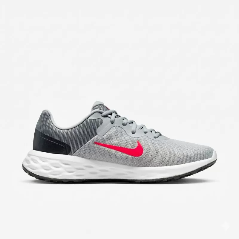 Tênis centralizado Nike Revolution Cinza com detalhes vermelhos