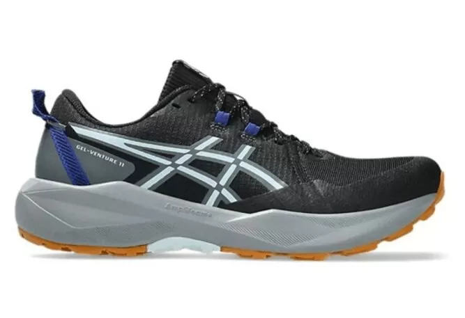 Tênis de corrida ASICS GEL-Venture 11 em preto e azul.