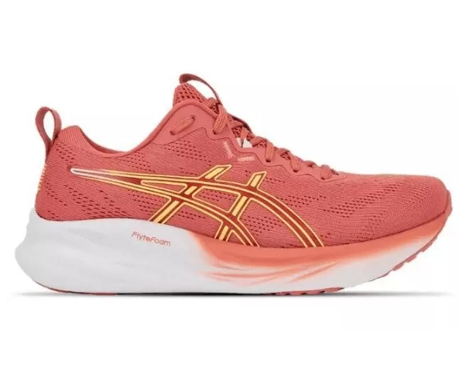 Tênis de corrida ASICS rosa e laranja lateral